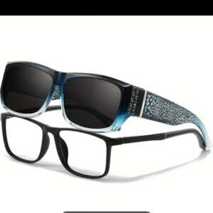 NEW! Sunglasses to be worn over prescription glasses Black & Blue w/ rhinestones
